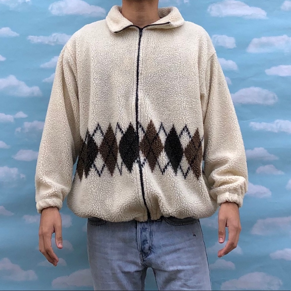 Men’s White Vintage Fleece Sweater Zip Up X Large